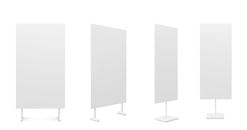 Advertising white empty information booth stand board. Realistic vector illustration set of blank portable vertical roll up info promo banner mockup for ad and product presentation on exhibition.