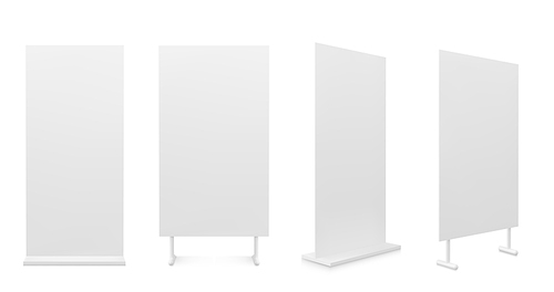 Advertising white empty information booth stand board. Realistic vector illustration set of blank portable vertical roll up info promo banner mockup for ad and product presentation on exhibition.