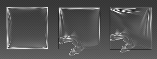 Transparent plastic vinyl wrap whole and torn with wrinkles and overlay effect. Realistic 3d vector illustration set of polyethylene tape pack cover with shrink and hole. Intact and broken stretch.