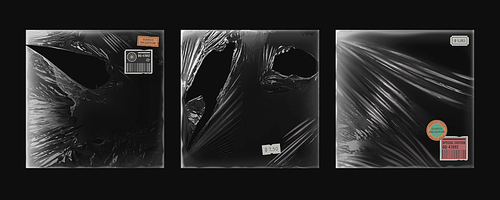 Torn vinyl cd album cover overlay for music record on black background. Vintage worn plastic wrap package design mockup. Transparent retro abstract tear disk pack template set. Rough poster border