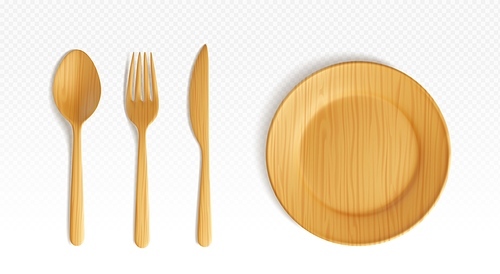 3d wood cutlery plate and spoon top view vector illustration. Empty bamboo tableware for food isolated. Disposable kitchenware bowl for pizza on dinner meal or picnic. Realistic eco friendly dish