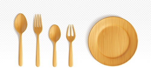 3d wood cutlery plate and spoon top view vector illustration. Empty bamboo tableware for food isolated. Disposable kitchenware bowl for pizza on dinner meal or picnic. Realistic eco friendly dish