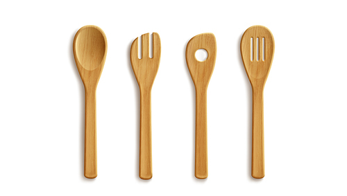 3D set of wooden kitchen utensils isolated on white background. Vector realistic illustration of yellow spoon and spatula, reusable tableware made of organic material, restaurant cooking tools