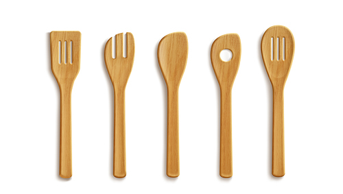 3d realistic wooden spoon and fork kitchen cutlery. Bamboo tableware utensil isolated vector set. Cooking spatula icon for restaurant dinner. Disposable and recycle dishware design