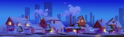 Winter snow village with suburb house landscape background. Night holiday scenery design with city skyscraper silhouette and neighborhood view. Christmas eve with cottage and garland on street cartoon