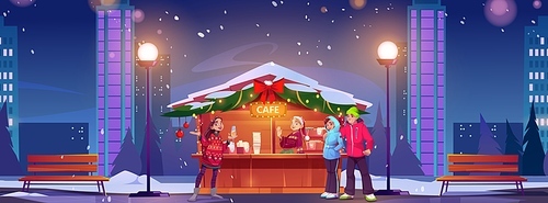 Winter cafe building outside on street vector background. Night city park shop with coffee and people character. Decorated Christmas urban outdoor store exterior with falling snow. Girl in local pub