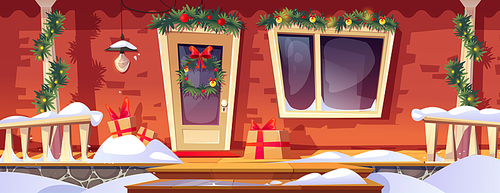 House facade with porch decorated for Christmas. Vector cartoon illustration of snow piles on home patio, gift boxes near door, green wreaths decorated with red ribbon and garland, winter holiday