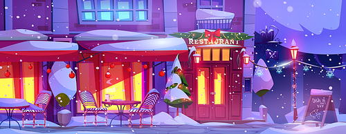 Winter night city street on Christmas eve. Vector cartoon illustration of restaurant building facade decorated for xmas holiday, piles of snow on tables and chairs, garlands on windows, retro lanterns