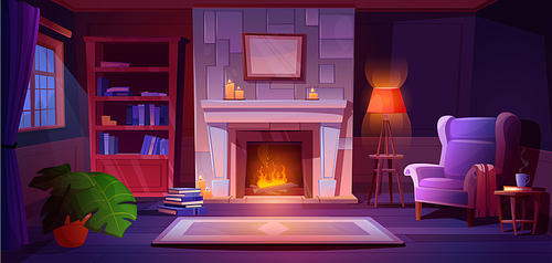 Night living room with fireplace. Vector cartoon illustration of cozy home interior with armchair near fire, floor lamp, books on wooden shelf, candles, picture frame on wall, moonlight in window