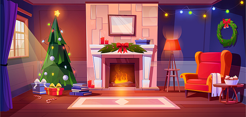 Christmas living room with fireplace. Vector cartoon illustration of cozy home interior with Xmas tree decorated with toys and garland, gift boxes on floor, armchair near fire, books on shelf, candles