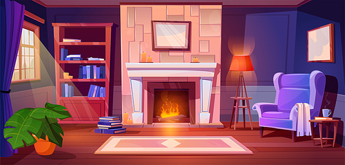 Cozy living room interior with flame in fireplace, armchair and lamp, carpet on floor and window with curtain, tea table and books in cabinet, flower in pot and candles. Cartoon vector home inside.