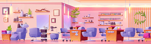 Beauty salon interior design. Vector cartoon illustration of large light room with furniture and equipment for manicure, hairstyling services, cosmetic, nail polish bottles on shelf, mirrors on wall