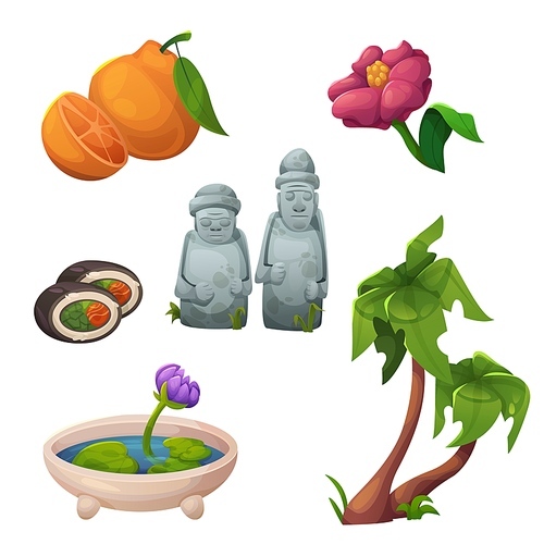 Jeju island in Korea travel illustration icon. Hareubang dol drawing, flower, tangerine food and cute landmark nature symbol isolated graphic set. Discovery Asia and traditional culture research