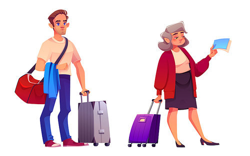 People travel with suitcase. Woman and man tourist with luggage walk in airport to vacation. Old and young passenger png set isolated on background. Adult voyage by train on pension lifestyle design