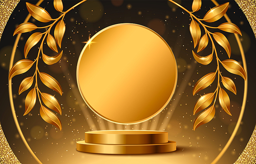 Golden award on pedestal with laurel wreath. Vector realistic illustration of winner medal shining in yellow plant frame, light beams and shimmering particles on black background, champion emblem