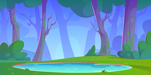 Cartoon vector summer forest landscape with lake. Little pond with blue clear water, shore with green grass, trees with moss and bushes. Spring panoramic nature scene of woodland with reservoir.