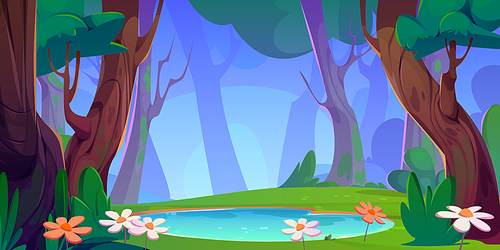 Cartoon vector summer forest landscape with lake. Little pond with blue clear water, shore with green grass, trees with moss and bushes, daisy flowers. Spring nature scene of woodland with reservoir.