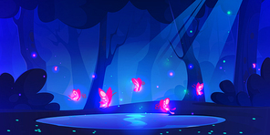 Magic fireflies over small lake in dream forest at night under beams of moon light. Cartoon dark blue vector fantasy landscape with trees and bushes, pink neon luminous glowworms above water in pond.