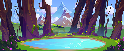 Lake in forest with mountains on background. Cartoon spring or summer vector landscape with water pond, trees and green grass on banks, high rocky hills and blue cloudy sky. Natural woodland scenery.