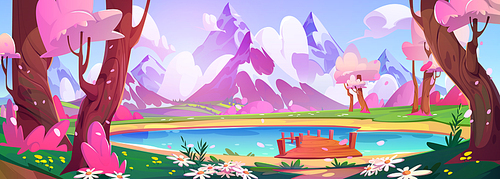 Pink blossom around lake with mountain view. Vector cartoon illustration of wooden pier on water, spring forest trees, flowers and green grass in valley, glacier on snowy peaks, beautiful scenery