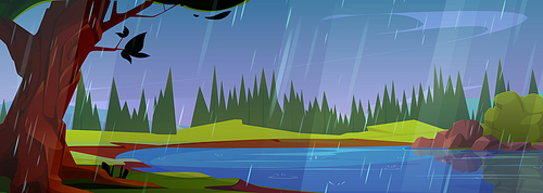 Cartoon rainy landscape with lake or river in forest on bad weather. Vector illustration of natural scenery with blue water in pond, green grass and trees with pines, cloudy sky and falling drops.