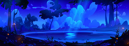 Night forest lake with moonlight reflection. Vector cartoon illustration of trees and flowers in dark valley, fairytale fireflies glowing in darkness, clouds in starry midnight sky, beautiful scenery