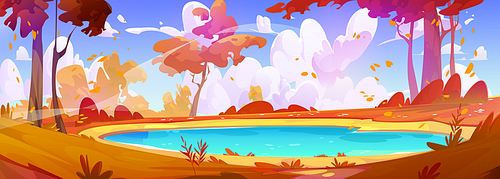 Autumn forest lake with yellow foliage on trees. Vector cartoon illustration of golden leaves flying in wind above blue water, fall season in fairytale valley, clouds in sky, beautiful travel scenery