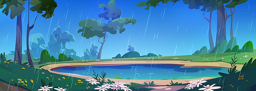 Lake in rainy summer forest. Vector cartoon illustration of wet trees and flowers in green spring valley, rainfall in fairytale woodland, water dropping from gloomy cloudy sky, beautiful scenery