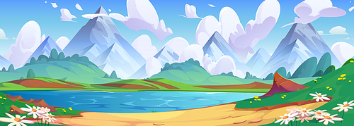 Blue lake in spring mountain valley. Vector cartoon illustration of river flowing between green hills with flowers, bushes and grass, fluffy clouds above rocky peaks, beautiful scenery for recreation