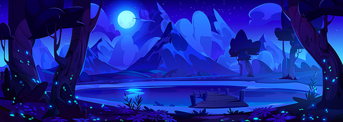 Night landscape with wooden pier on lake at foot of mountain with snow covered peaks under full moon light. Cartoon vector illustration of natural dark dusk scenery with bushes and trees on pond shore