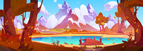 Autumn landscape with wooden pier on lake at foot of mountain with snow covered peaks. Cartoon vector illustration of natural fall scenery with orange and brown grass, bushes and trees on pond shore.