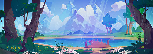 Summer rainy landscape with wooden pier on lake at foot of mountain with snow covered peaks. Cartoon vector natural scenery with green grass, bushes and trees on pond shore in wet storm weather.