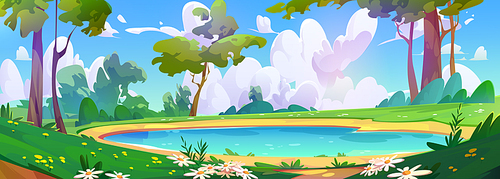 Cartoon summer landscape with lake on sunny day. Blue water in pond with shore covered with green grass and flowers, bushes and trees, sky with white cloud. Vector illustration of natural scenery