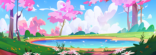 Cartoon spring landscape with pink flowering trees around lake on sunny day. Vector natural scenery with blue water in pond, shore covered with green grass, wildflowers and bushes, sky with cloud.