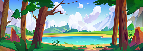 Blue lake in green mountain valley. Vector cartoon illustration of forest trees near water, grass and bushes on hills, sunny sky with clouds, beautiful scenery for recreation, spring nature landscape