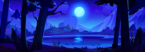 Cartoon night dark landscape with lake in forest at foot of mountain under full moon light. Dusk vector natural scenery with bushes and trees on pond shore, rocky hills, starry sky with clouds.