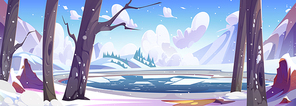 Cartoon winter snowy landscape with frozen lake in forest near mountains foot covered with snow. Vector illustration of natural cold scenery with icy water in pond, shore with tree and sky with cloud.