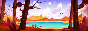 Blue lake in autumn mountain valley. Vector cartoon illustration of forest trees around water, yellow grass and bushes on hills, golden leaves flying in wind, cloudy cold sky, beautiful scenery