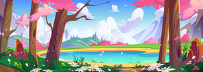 Spring natural landscape with lake surrounded by pink flowering sakura or cherry trees and mountains. Cartoon vector forest with floral woods and daisies, blue water in pond and rocky hills.