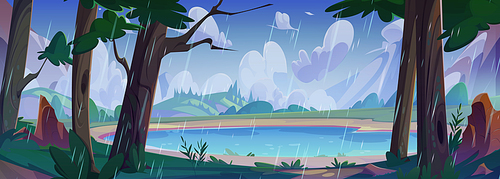 Rainy weather in mountain valley with lake. Vector cartoon illustration of wet forest trees around water, green grass and bushes on hills under dull cloudy sky, summer rainfall, beautiful scenery