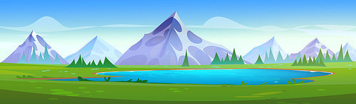 Summer mountain landscape with lake and green grass on sunny day. Cartoon vector scenery with blue pond at foot of high rocky hills and sky with clouds. Countryside scene with mount and waterhole.