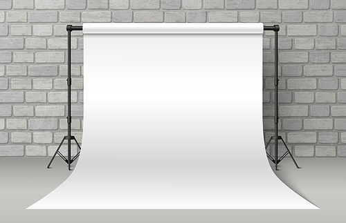 White photo shoot studio backdrop. Empty paper near brick wall. 3d photographer tripod equipment in realistic interior for portfolio session. Blank roll canvas design to display promo screen inside