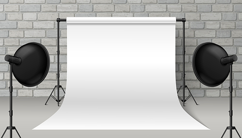 White empty paper backdrop in photo studio vector. Photography shoot room with light and tripod equipment. Portfolio session setup mockup. Fashion atelier interior with realistic blank roll up space