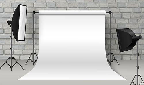 Photo studio room interior with white paper backdrop on tripod holders, professional spot light with softbox, grey brick wall and floor. Realistic 3d vector mockup of photographer setup with equipment