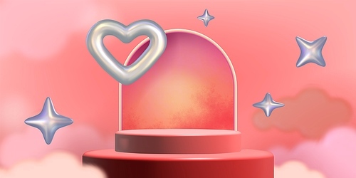 Cylinder two steps stairs red product podium with arch, heart and sparkle shape. Pink Valentine day background with goods display platform. Realistic 3d vector romantic bg with stage and love symbol.