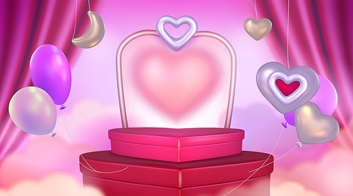 Heart shaped two steps stairs red product podium with arch, floating love symbols and balloons on pink background with curtain. Realistic 3d vector Valentine day bg with goods display platform.