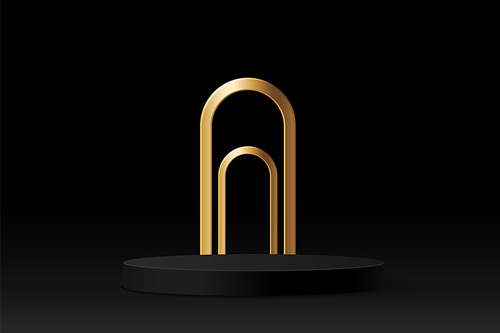 Luxury black cylinder podium with golden arch frame on dark background. Realistic 3d circular product display platform. Round scene step and gold arc for presentation and merchandise showcase.