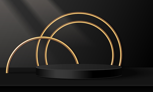 Round podium and golden rings on black background. Vector realistic illustration of luxury product presentation platform, modern advertising showroom for jewelry or elite cosmetics, empty pedestal