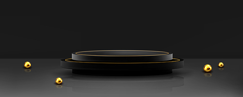 3d luxury black and gold product display podium. Golden ball on studio mockup with elegant platform and reflection on floor. Premium showcase with pedestal for winner. Minimal presentation showroom