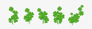 3d clover four leaf and shamrock on St Patrick day. Lucky 4 leaves grass plant for March spring design decoration. Various seasonal symbol clipart of Ireland culture and event celebration graphic.